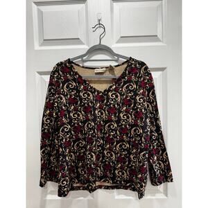 Apostrophe Stretch Black Red Floral Paisley Top XL 3/4 sleeve
